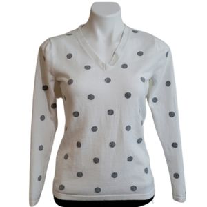 Tommy Hilfiger Polka Dot Cotton V-Neck Sweater Top Women's Size Small White Gray